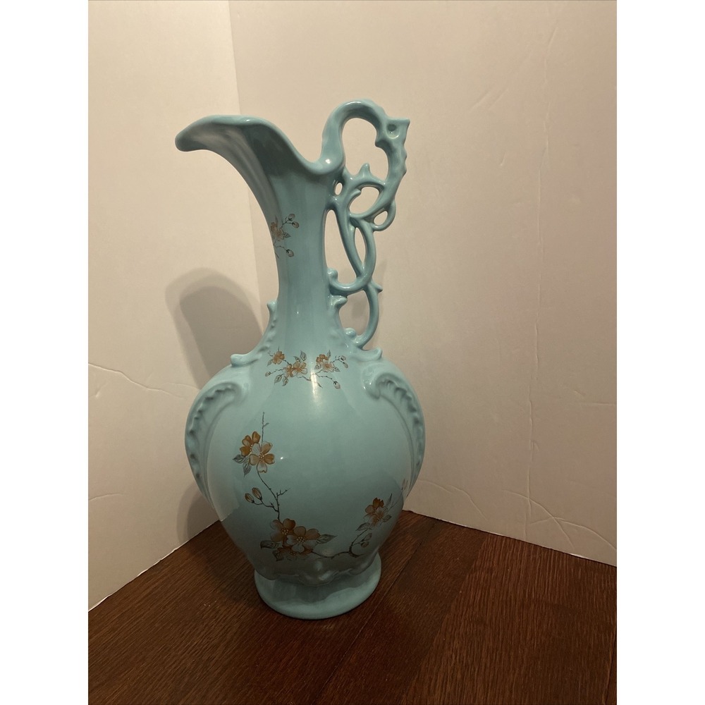 Vintage‎ Art StudioPottery Vase Floral Hand Painted Dogwood Victorian Style Teal
